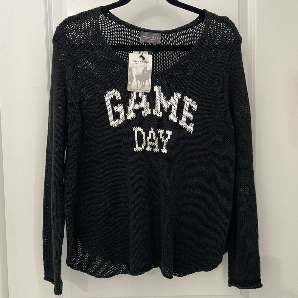 NWT Wooden Ships Game Day V Cotton Sweater in black/breaker white    G73 - Picture 2 of 7